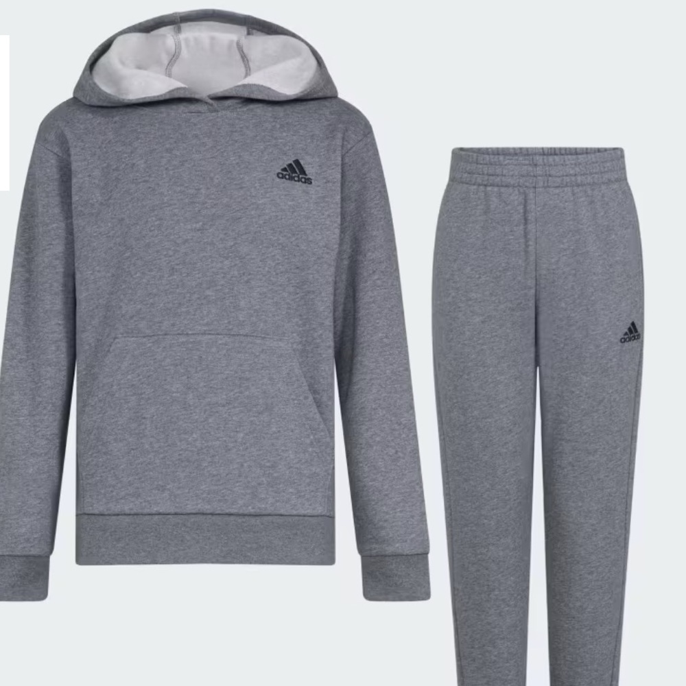 Adidas Heather Fleece Pullover Set Kids Charcoal Grey 7 New With Tags - Picture 3 of 8